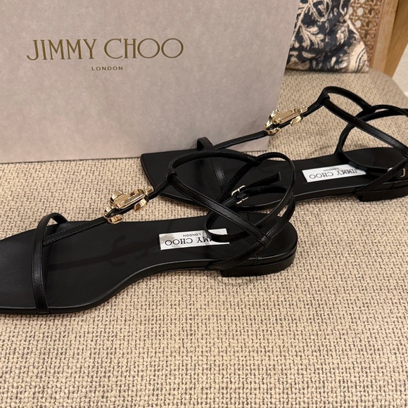 Jimmy Choo Black Leather T-Strap Heels with Gold JC Logo - Picture 4 of 5